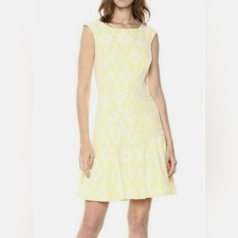 Nanette Lepore Yellow Floral embroidered lace detail drop waist flare mini dress